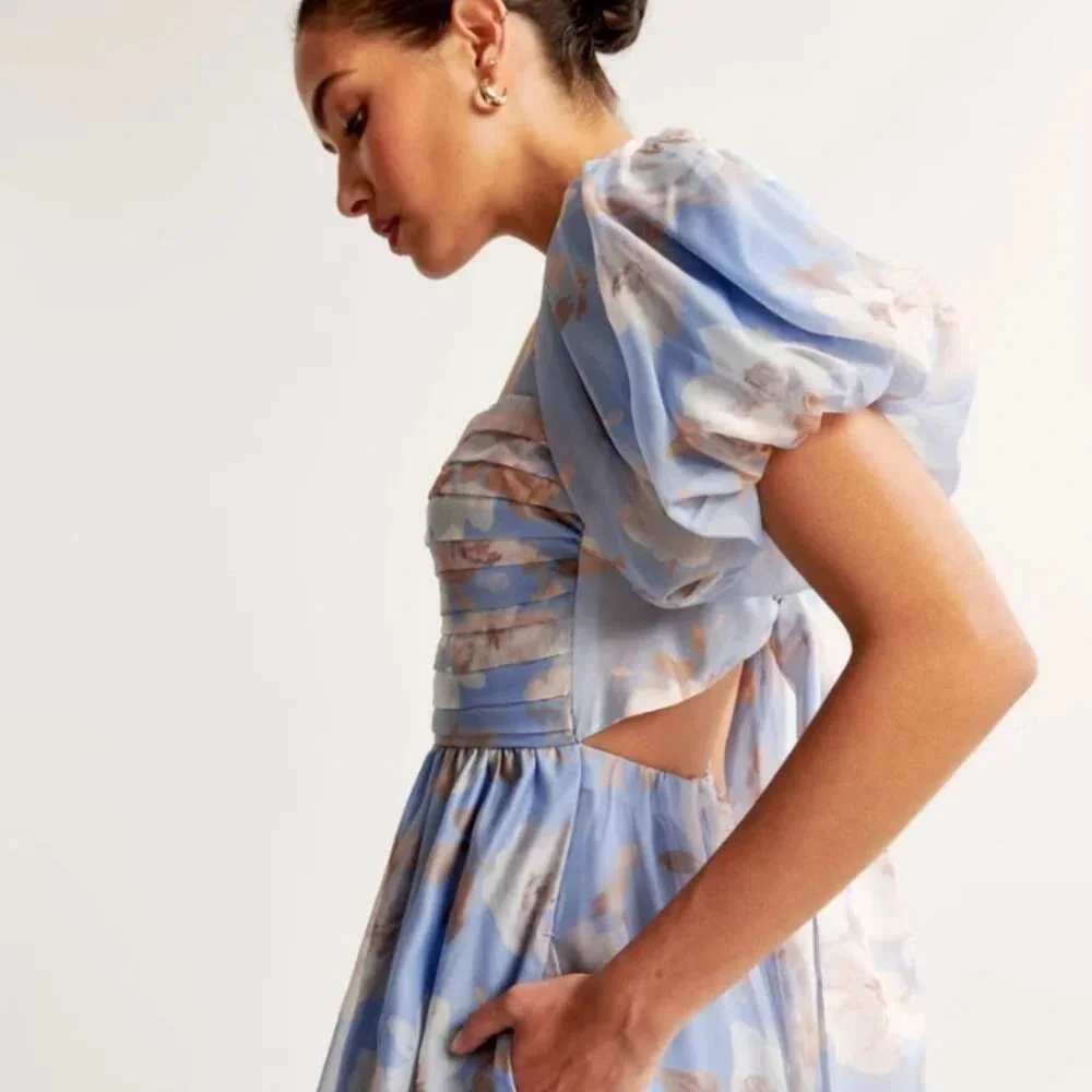 Abercrombie & Fitch Emerson Drama Bow Back Maxi Dress Blue Floral Print Medium